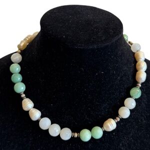 GEM Sterling Silver Freshwater Pearls Quartz Aventurine Gemstone Beaded Necklace